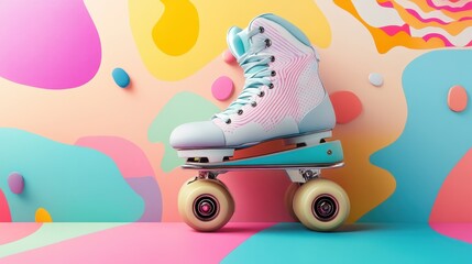 A retro roller skate stands against a lively backdrop filled with bright colors and whimsical shapes, creating a fun, nostalgic vibe