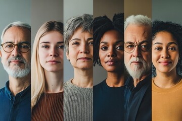 Poster - A diverse group of six individuals showcases a range of ages and expressions, highlighting the beauty of human diversity against a simple background. Generative AI