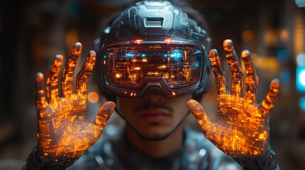 Poster - a user interacts with holographic gaming controllers, showcasing a blend of technology and immersive