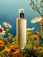 Poster - Skin lotion with flowers and botanicals surrounding it : Generative AI