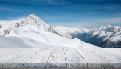 Wall Mural - Wooden Terrace the blurred and Christmas background. Wood white table top perspective in front of natural in the sky with light and mountain blur background image for product display 