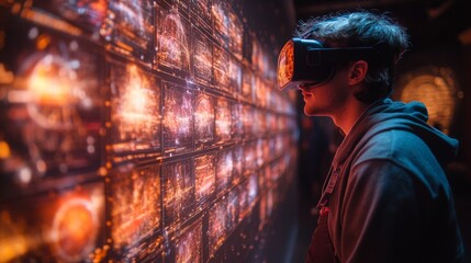 Poster - Students engage with holographic historical timelines using virtual reality technology in a modern educational environment.