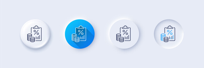 Wall Mural - Tax document line icon. Neumorphic, Blue gradient, 3d pin buttons. Tax rate report sign. Payroll file symbol. Line icons. Neumorphic buttons with outline signs. Vector