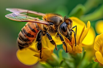 Poster - The bee collects pollen from white plum flowers. Spring blossoming scene : Generative AI