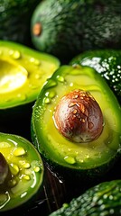 Poster - Vibrant green avocado close up, ripe and fresh, surrounded by flowers : Generative AI