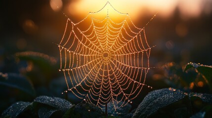 Wall Mural - Dew-Covered Spiderweb at Sunset