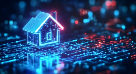 Poster - A futuristic digital image of an illuminated house icon floating above a glowing circuit board. Smart home technology. Real Estate Finance, real estate investment concepts, managing business aspects