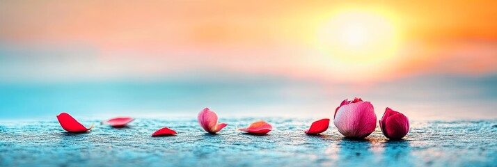 Wall Mural - Rose petals lie gently on the sand, glowing in the warm hues of a colorful sunset by the tranquil ocean