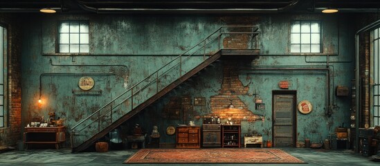 Canvas Print - Industrial Interior with a Staircase