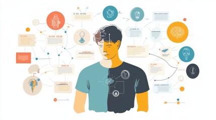 Aufkleber - -based infographic illustrating cognitive processes and innovation concepts with interconnected elements and diagrams around a thoughtful person