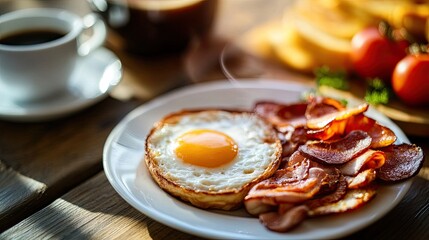 American breakfast with coffee cup on a wooden table, morning