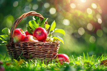 Poster - Red apples in basket on green grass meadow.