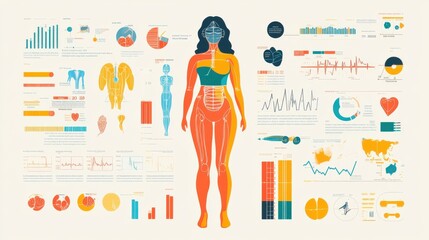 Poster - -based infographic illustrating human anatomy and health data through colorful charts and graphs