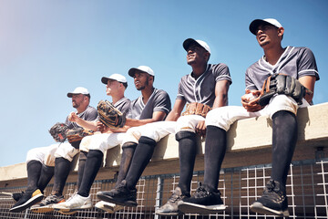 Poster - Baseball, team and roof for game and watch, dugout and support on field for competition. Match, diversity and rest for community for male people, uniform and athlete for softball club tournament