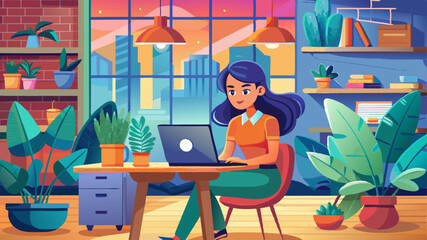 Wall Mural - Beautiful young woman using laptop in modern co-working space.