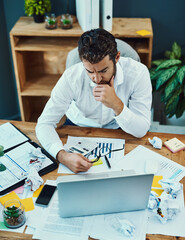 Poster - businessman, tech and office with planning as accountant, professional or administration in financia