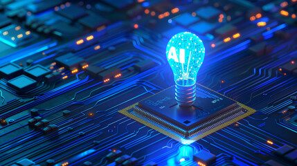Fototapete - abstract neon blue glowing light electronic circuit board with ai artificial intelligence machine le