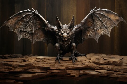 A spooky Halloween bat with detailed textures, including veins on its wings and a slightly open mouth showing small fangs