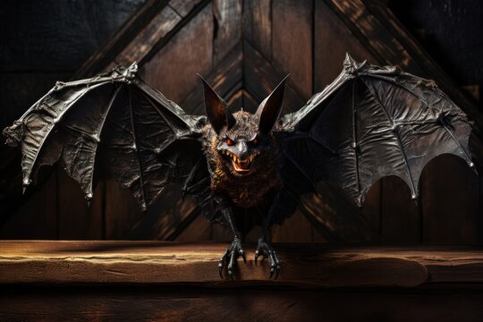A spooky Halloween bat with detailed textures, including veins on its wings and a slightly open mouth showing small fangs