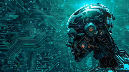 Fototapete - Artificial intelligence AI futuristic robot with circuit board brain. Abstract glowing innovation IT connections science presentation background. Technology cyber human brain green data concept