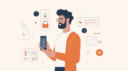 Poster - Modern infographic featuring a man using a smartphone amidst digital elements representing innovation, technology, and communication in a simplistic illustration style.