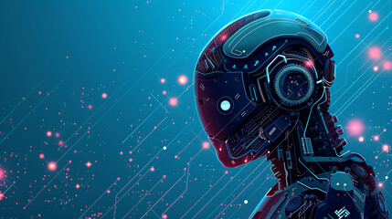 Fototapete - Artificial intelligence AI futuristic robot with circuit board brain. Abstract glowing innovation IT connections science presentation empty space background. Technology cyber human brain blue concept