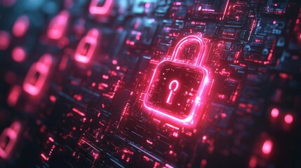 Poster - Floating holographic locks and keys illuminate a complex digital backdrop, creating a futuristic atmosphere in a dark setting.