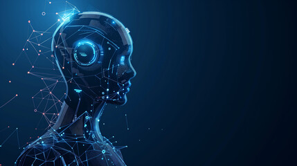 Fototapete - Artificial intelligence AI futuristic robot with circuit board brain. Abstract glowing innovation IT connections science presentation background with empty. Technology cyber human brain blue concept