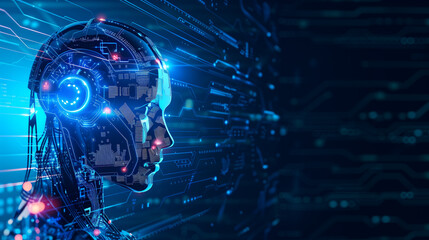 Fototapete - Artificial intelligence AI futuristic robot with circuit board spiritual brain. Abstract glowing innovation IT connections science presentation background. Technology cyber human brain blue concept