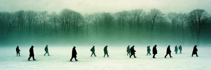 Wall Mural - Groups of individuals walk steadily across a snowy field at dusk, shrouded by fog, as trees stand silently in the background