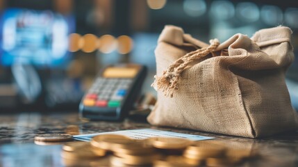 A bag of money lying on the surface next to coins and a bank check. A bank payment terminal is visible in the background. The bag is made of coarse fabric and tied with rope.