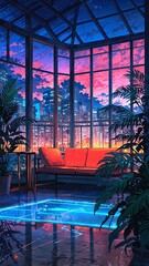 Wall Mural - anime sunroomconservatory anime background retro neon theme