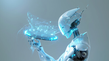 Fototapete - A futuristic robot with glowing blue electro laser wires wireframe grid connections on grey presentation background. Friendly house assistant AI machine learning IT 
