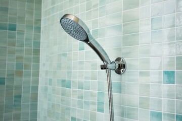 Close-up of a contemporary shower faucet with water running, highlighting the clear stream of water and chrome finish, surrounded