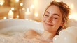 © JP STUDIO LAB - Relaxing bath scene with a joyful woman enjoying a bubble bath surrounded by warm candlelight ambiance.