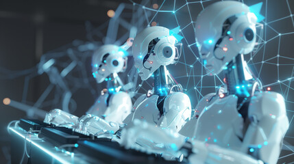 Fototapete - 3d render abstract technology futuristic cyber robot house friendly assistant play music by piano on the purple light stage. AI Artificial intelligence IT concert disco background cartoon chat bot