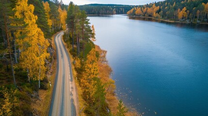 Poster - A road with trees on both sides and a body of water in the background