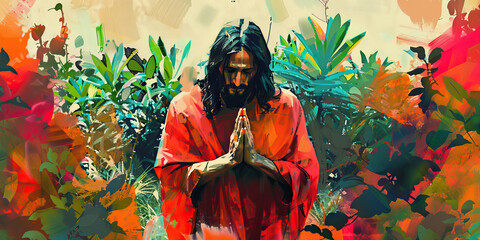 An abstract portrait of Jesus praying in a garden, with vibrant reds and oranges accenting His robes.