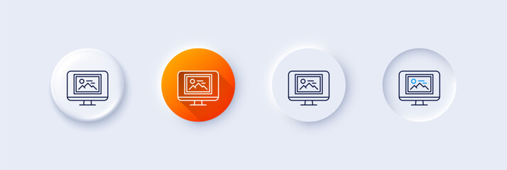 Poster - photo thumbnail line icon. neumorphic, orange gradient, 3d pin buttons. monitor with image sign. pic