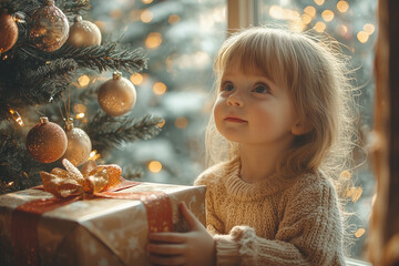 Wall Mural - Capturing the pure joy and wonder of Christmas morning as children unwrap gifts under a glowing, festive tree.