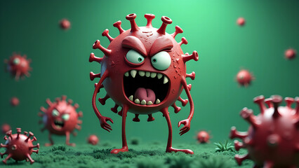 Evil coronavirus monster isolated on green background. Danger virus or bacteria. Covid-19, HIV, AIDS. 3D cartoon character. Banner or poster with copy space