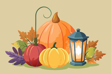 Sticker - Pumpkins and lamp, watercolor clipart illustration with isolated background.
