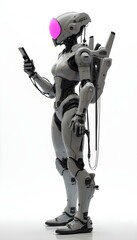 cyborg with phone, robot holding smartphone in hand, white background, cyberpunk girl