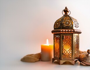 Ornamental Arabic lantern with burning candle glowing at night mosque background. Festive greeting card, invitation for Muslim holy month Ramadan 