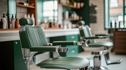 Stylish barber shop with vintage green chairs and modern decor, perfect for haircuts and grooming services.