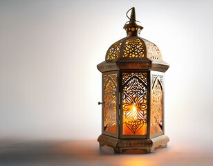 Ornamental Arabic lantern with burning candle glowing at night mosque background. Festive greeting card, invitation for Muslim holy month Ramadan 