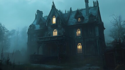 a dark mansion with intricate gothic architecture glowing windows and detailed halloween decorations