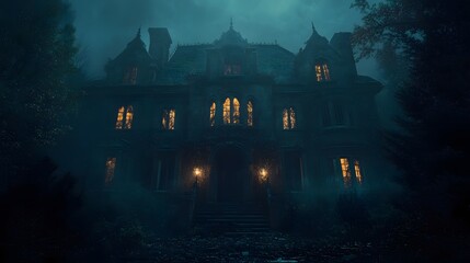 Wall Mural - A dark mansion with high contrast lighting glowing windows and detailed Halloween decorations creating a misty eerie atmosphere