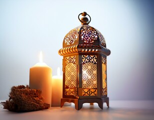 Wall Mural - Ornamental Arabic lantern with burning candle glowing at night mosque background. Festive greeting card, invitation for Muslim holy month Ramadan 