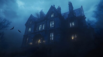 Wall Mural - A dark gothic mansion with glowing windows and intricate Halloween decorations surrounded by a thick mist creating an eerie vibe